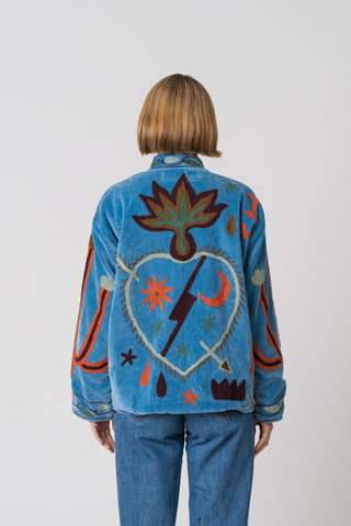 Embroidered Velvet Jacket - Blue with snake detail