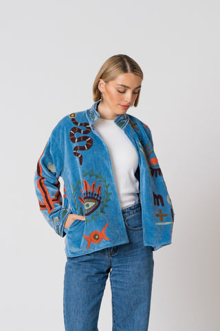 Embroidered Velvet Jacket - Blue with snake detail