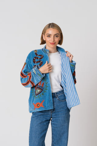 Embroidered Velvet Jacket - Blue with snake detail