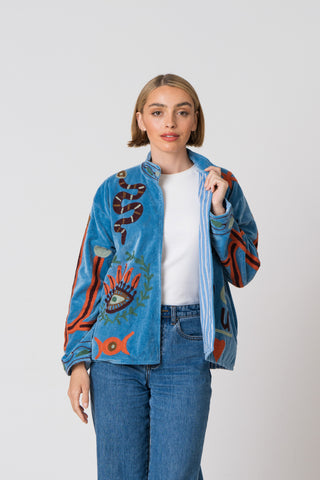 Embroidered Velvet Jacket - Blue with snake detail