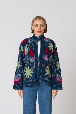Embroidered Velvet Jacket - Deep Navy with Multi Pattern