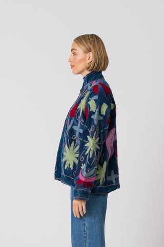Embroidered Velvet Jacket - Deep Navy with Multi Pattern
