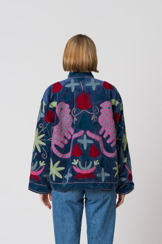 Embroidered Velvet Jacket - Deep Navy with Multi Pattern