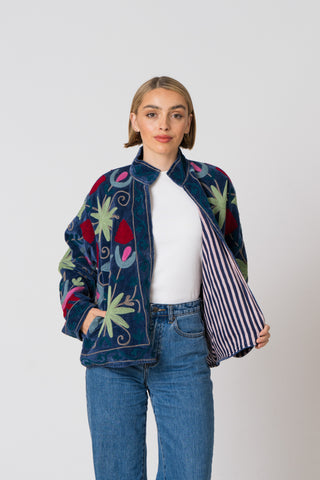 Embroidered Velvet Jacket - Deep Navy with Multi Pattern