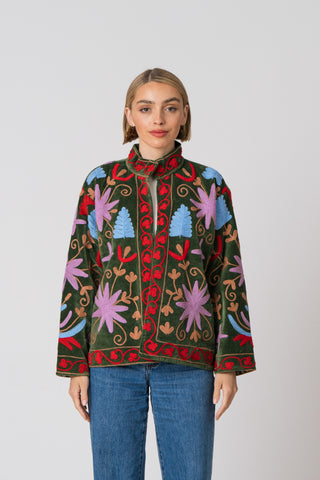 Embroidered Velvet Jacket - Green Multi-Pattern
