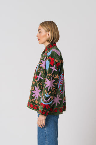 Embroidered Velvet Jacket - Green Multi-Pattern