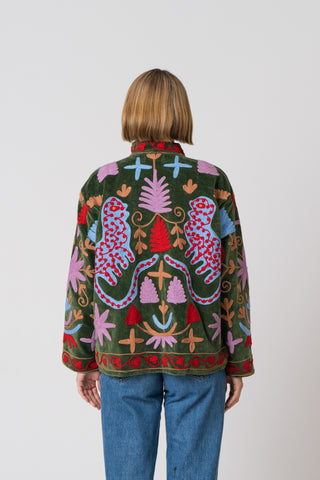 Embroidered Velvet Jacket - Green Multi-Pattern
