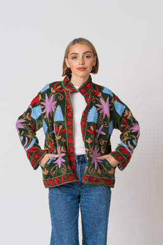 Embroidered Velvet Jacket - Green Multi-Pattern