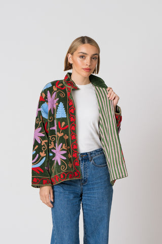 Embroidered Velvet Jacket - Green Multi-Pattern