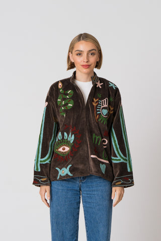 Embroidered Velvet Jacket - Dark Brown Snake