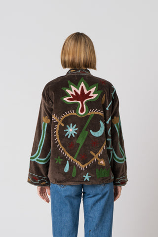 Embroidered Velvet Jacket - Dark Brown Snake