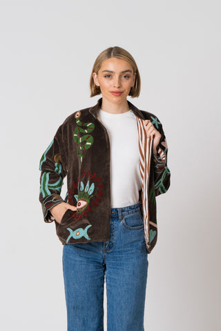 Embroidered Velvet Jacket - Dark Brown Snake