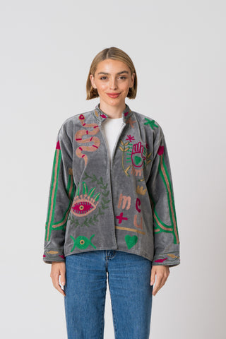 Embroidered Velvet Jacket - Grey Snake