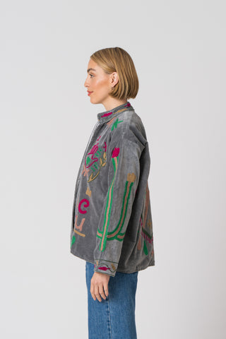 Embroidered Velvet Jacket - Grey Snake