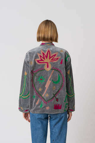 Embroidered Velvet Jacket - Grey Snake