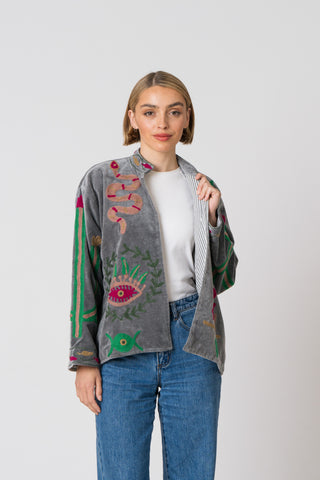 Embroidered Velvet Jacket - Grey Snake