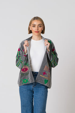 Embroidered Velvet Jacket - Grey Snake