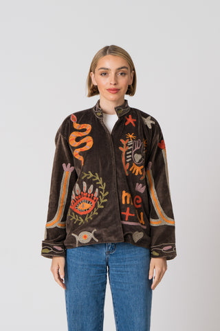 Embroidered Velvet Jacket - Dark Brown Snake