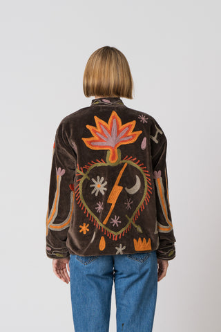 Embroidered Velvet Jacket - Dark Brown Snake