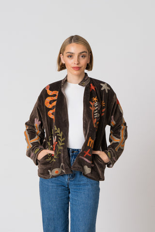 Embroidered Velvet Jacket - Dark Brown Snake