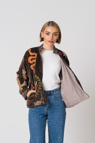 Embroidered Velvet Jacket - Dark Brown Snake