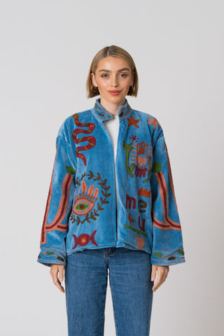 Embroidered Velvet Jacket - Blue with snake detail