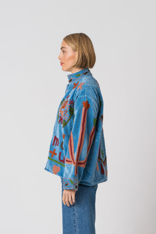 Embroidered Velvet Jacket - Blue with snake detail