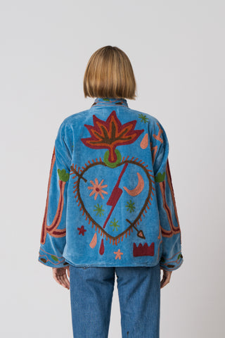 Embroidered Velvet Jacket - Blue with snake detail