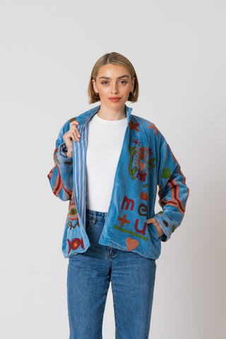 Embroidered Velvet Jacket - Blue with snake detail