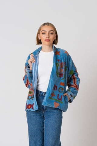 Embroidered Velvet Jacket - Blue with snake detail