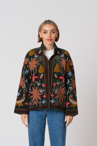 Embroidered Velvet Jacket - Green Multi-Pattern