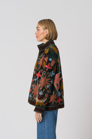 Embroidered Velvet Jacket - Green Multi-Pattern