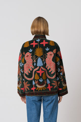 Embroidered Velvet Jacket - Green Multi-Pattern