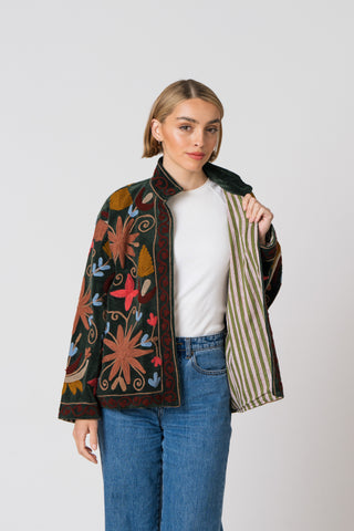 Embroidered Velvet Jacket - Green Multi-Pattern