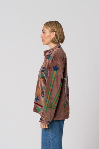 Embroidered Velvet Jacket - Light Brown Snake