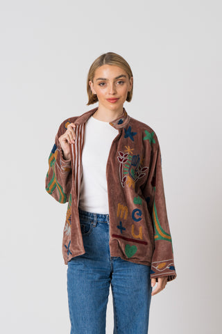 Embroidered Velvet Jacket - Light Brown Snake