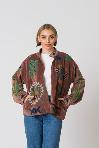 Embroidered Velvet Jacket - Light Brown Snake