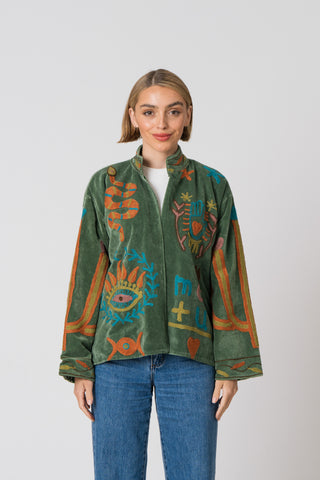 Embroidered Velvet Jacket - Green Snake