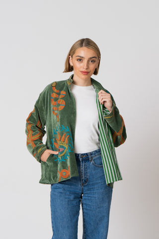 Embroidered Velvet Jacket - Green Snake