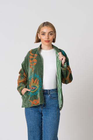 Embroidered Velvet Jacket - Green Snake