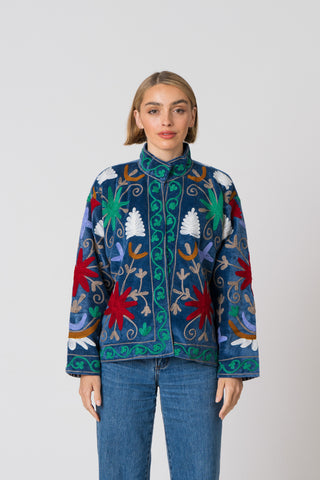 Embroidered Velvet Jacket - Blue Multi-Pattern
