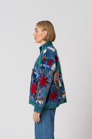 Embroidered Velvet Jacket - Blue Multi-Pattern
