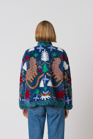 Embroidered Velvet Jacket - Blue Multi-Pattern