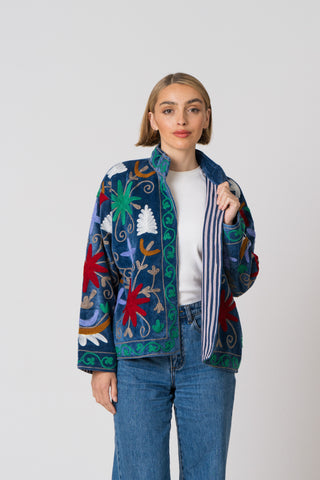 Embroidered Velvet Jacket - Blue Multi-Pattern