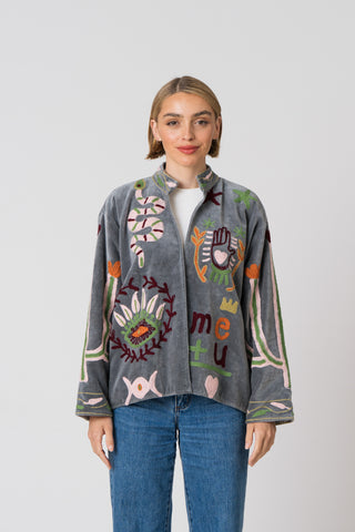 Embroidered Velvet Jacket - Grey Snake