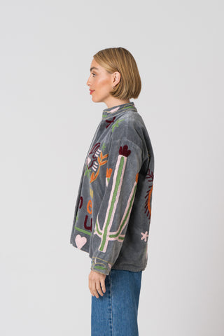 Embroidered Velvet Jacket - Grey Snake