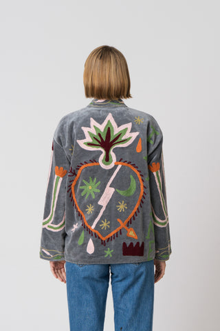 Embroidered Velvet Jacket - Grey Snake