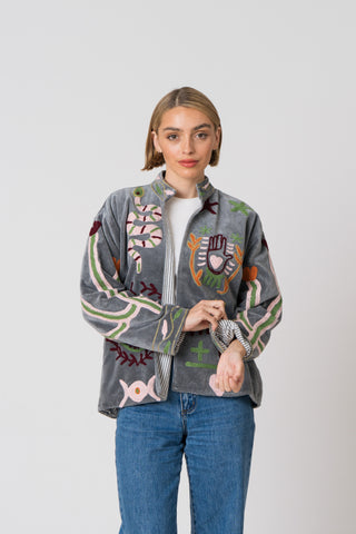 Embroidered Velvet Jacket - Grey Snake