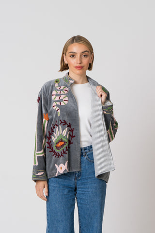 Embroidered Velvet Jacket - Grey Snake
