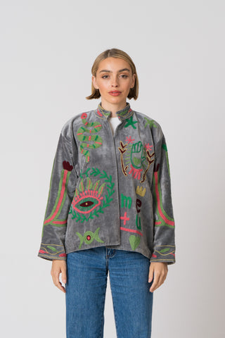Embroidered Velvet Jacket - Grey Snake